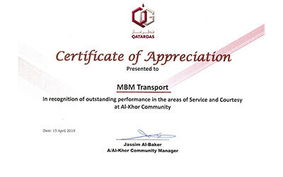 Certificate of Appreciation from Qatar Gas
