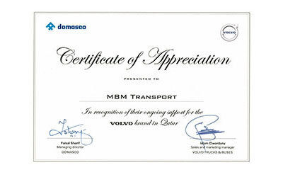 Certificate of Appreciation from Domasco (Volvo)