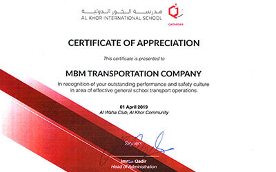 Certificate of Appreciation from Al Waha Club, Al Khor Community